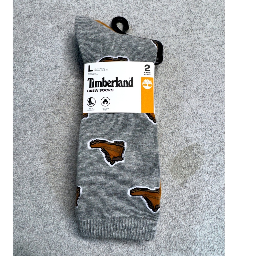 Timberland Crew Socks Mens Large Gray Wheat 2 Pair Pack Boot Print Logo Workwear